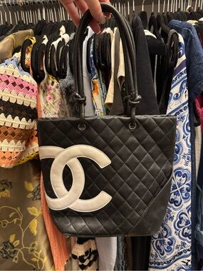 CHANEL Black Quilted Shoulder Tote with White CC Patch